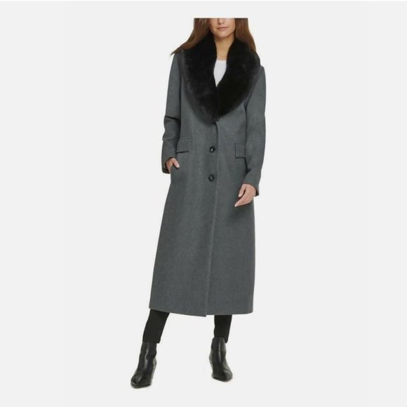 DKNY Womens Faux Fur Button Down Coat, CHARCOAL, S